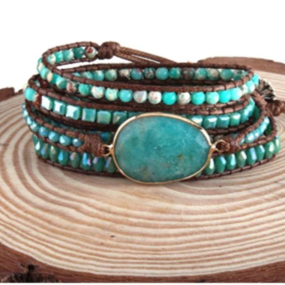 Boho Style Leather Turquoise Wrap Bracelet - Picture 2 of 5